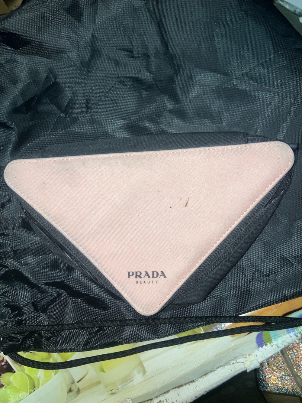 Prada beauty Pink Triangle Cosmetic Case with Black Sides
